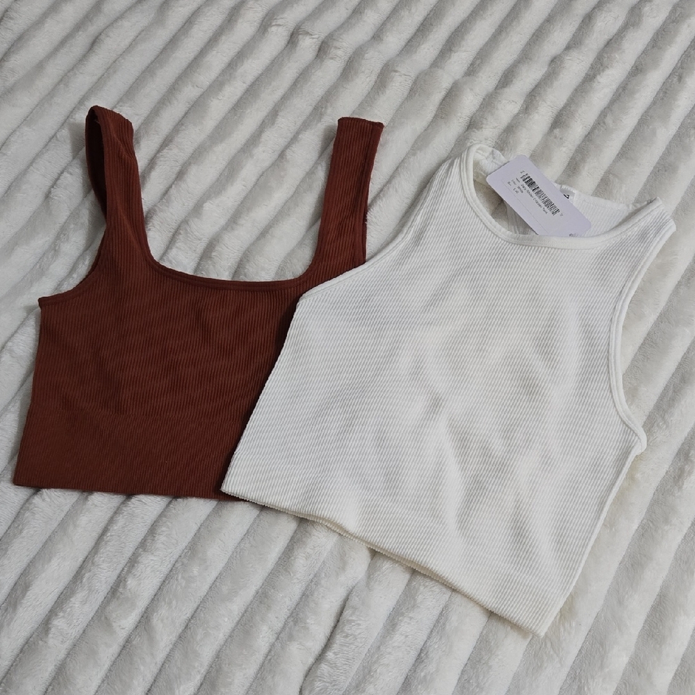 Zenana Ribbed Tank Tops - White And Rust